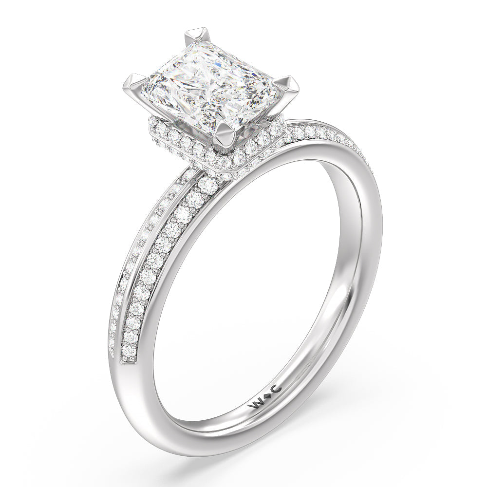 Knife Edge Diamond Hidden Halo Ring with Radiant Cut Diamond in 14KT Platinum view 3
