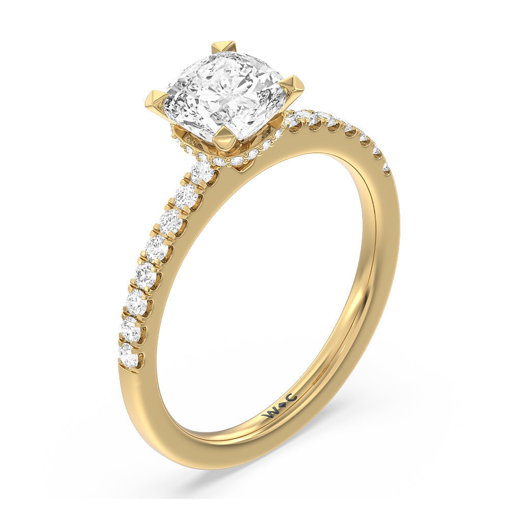 Cushion Cut Petite Pave Hidden Halo Engagement Ring with Lab Grown Diamond in 14KT Yellow Gold view 3
