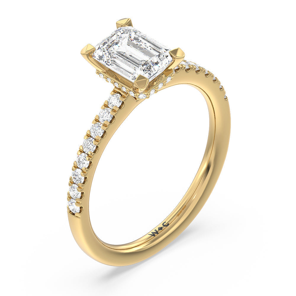 Emerald Cut Petite Pave Hidden Halo Engagement Ring with Lab Grown Diamond in 14KT Yellow Gold view 3
