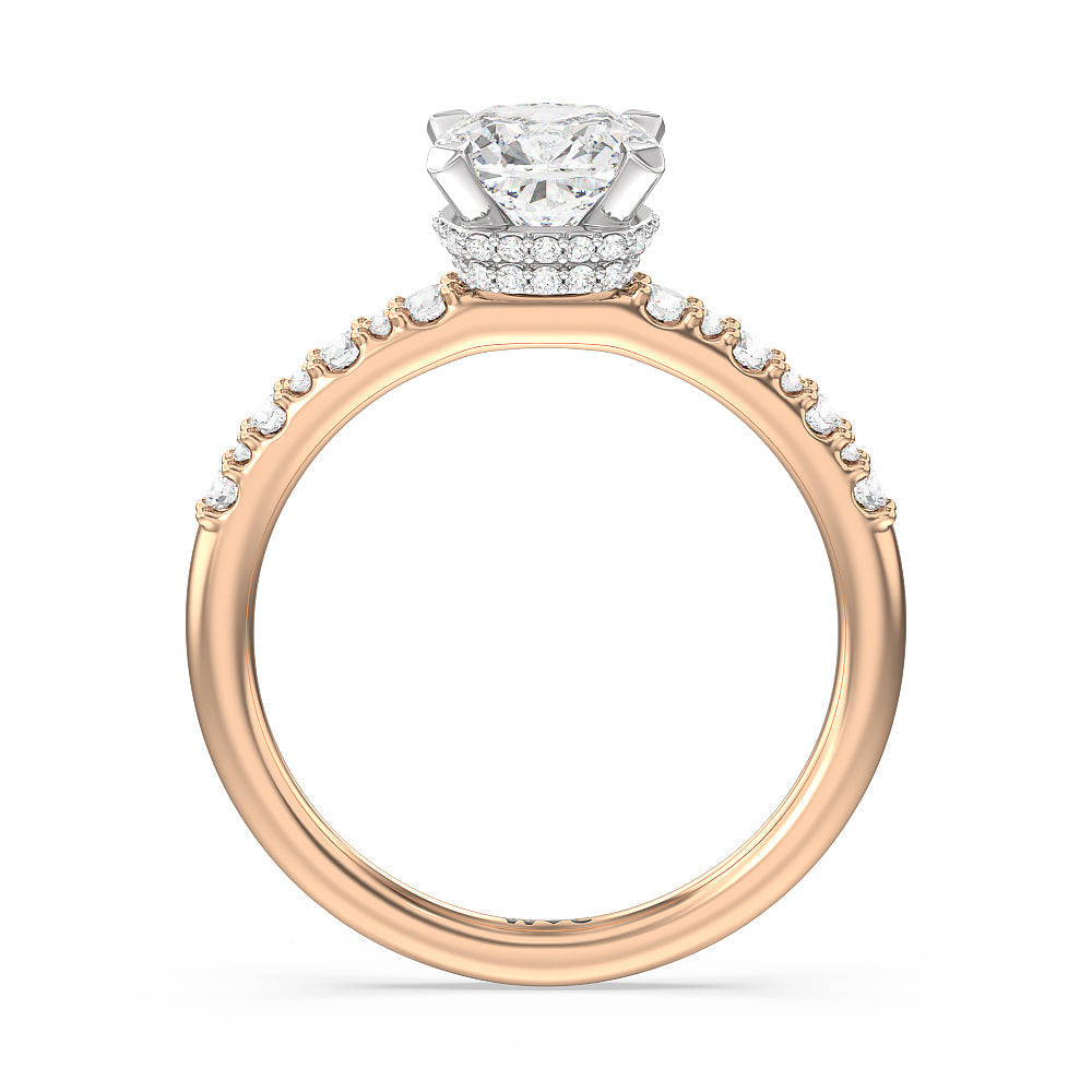 Modern Pave Diamond Hidden Halo Ring with Cushion Cut Diamond in 14KT White & Rose Gold view 2
