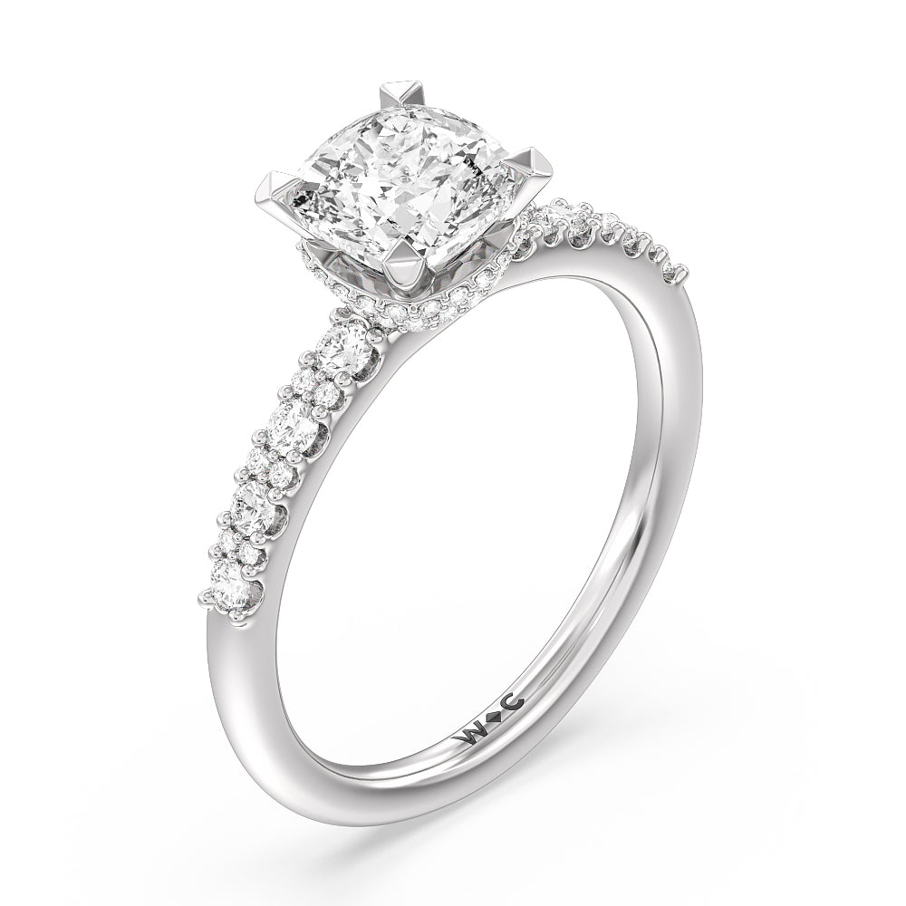 Modern Pave Diamond Hidden Halo Ring with Cushion Cut Diamond in 14KT Platinum view 3
