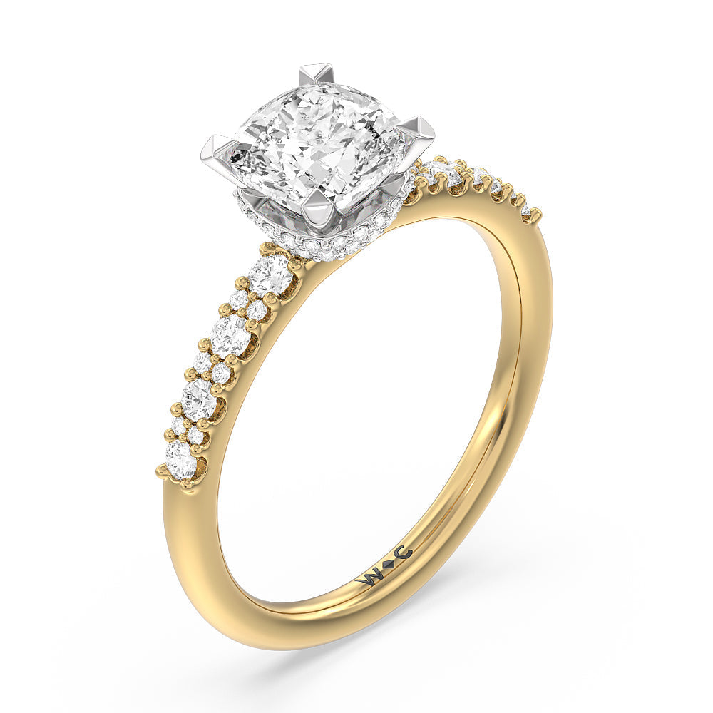 Modern Pave Diamond Hidden Halo Ring with Cushion Cut Diamond in 14KT White & Yellow Gold view 3
