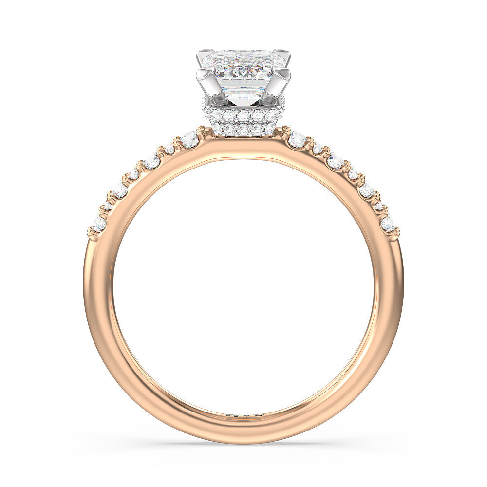 Modern Pave Diamond Hidden Halo Ring with Emerald Cut Diamond in 14KT White & Rose Gold view 2
