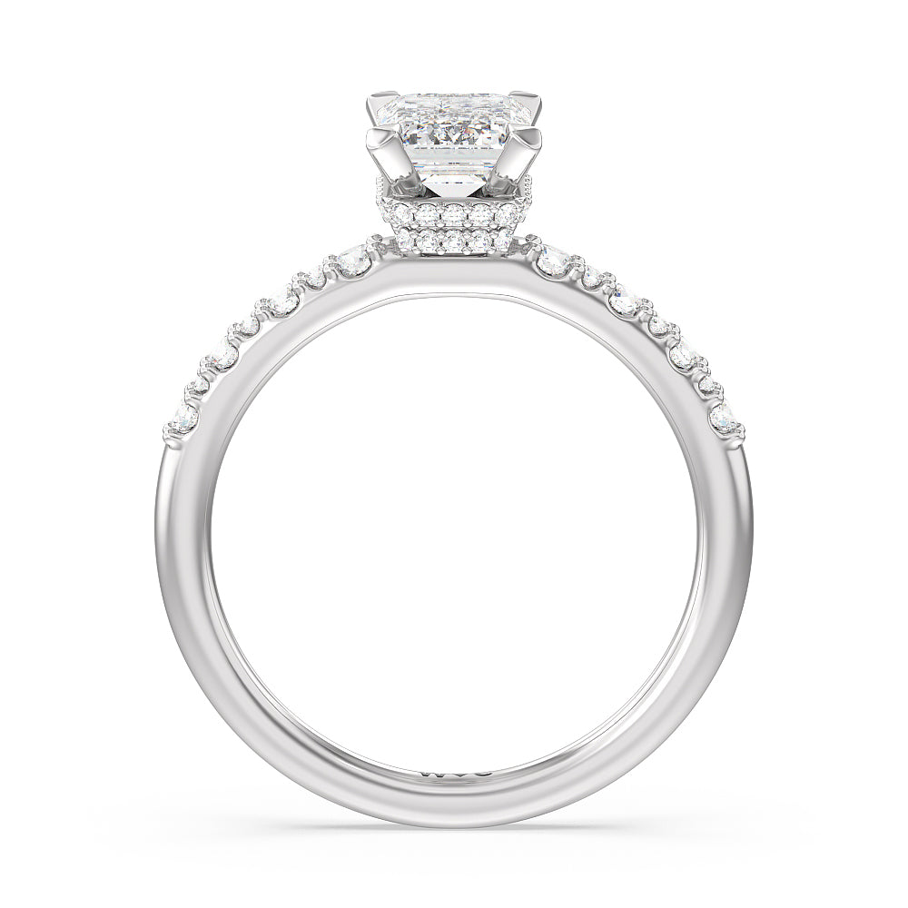 Modern Pave Diamond Hidden Halo Ring with Emerald Cut Diamond in 14KT Platinum view 2
