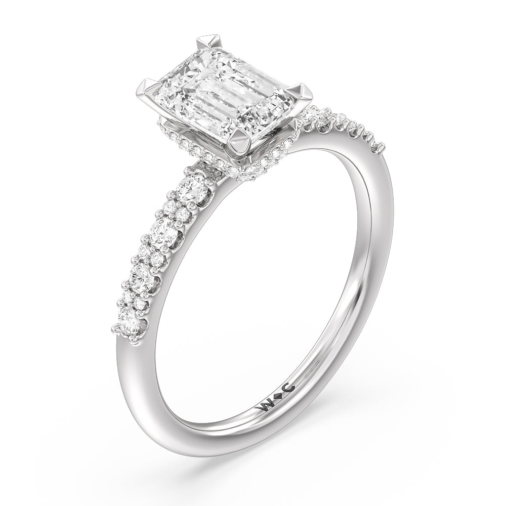 Modern Pave Diamond Hidden Halo Ring with Emerald Cut Diamond in 14KT Platinum view 3
