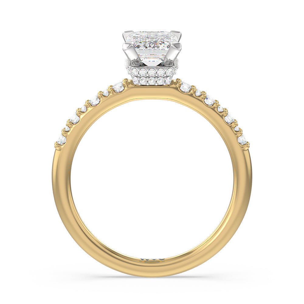 Modern Pave Diamond Hidden Halo Ring with Emerald Cut Diamond in 14KT White & Yellow Gold view 2
