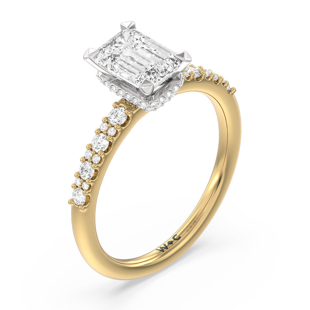 Modern Pave Diamond Hidden Halo Ring with Emerald Cut Diamond in 14KT White & Yellow Gold view 3
