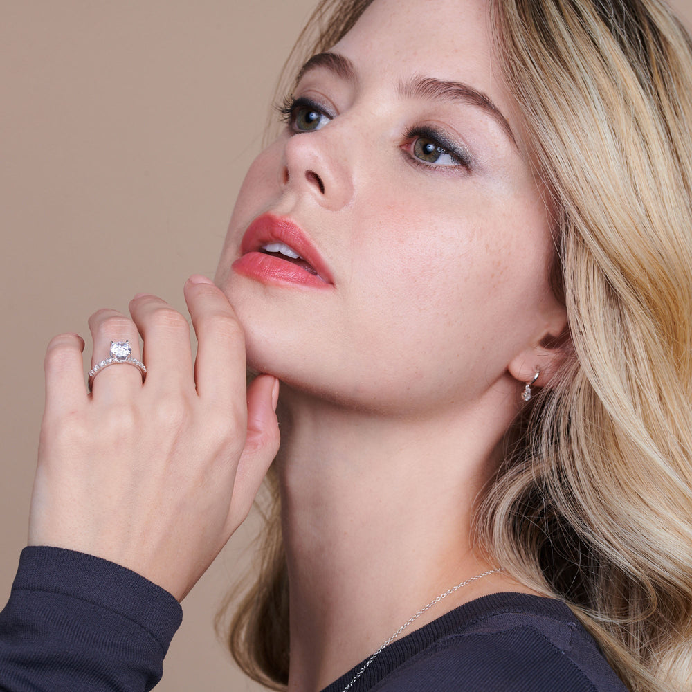 Model Wearing Modern Pave Diamond Hidden Halo Ring view