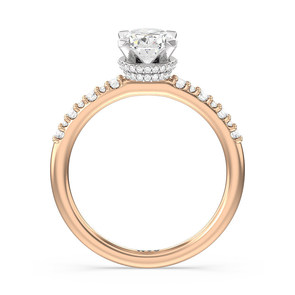 Modern Pave Diamond Hidden Halo Ring with Oval Cut Diamond in 14KT White & Rose Gold view 2
