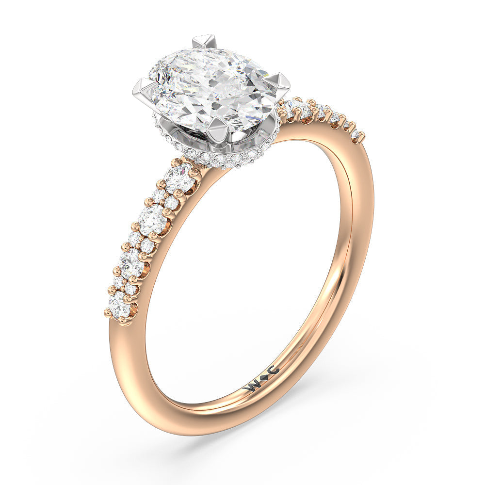 Modern Pave Diamond Hidden Halo Ring with Oval Cut Diamond in 14KT White & Rose Gold view 3
