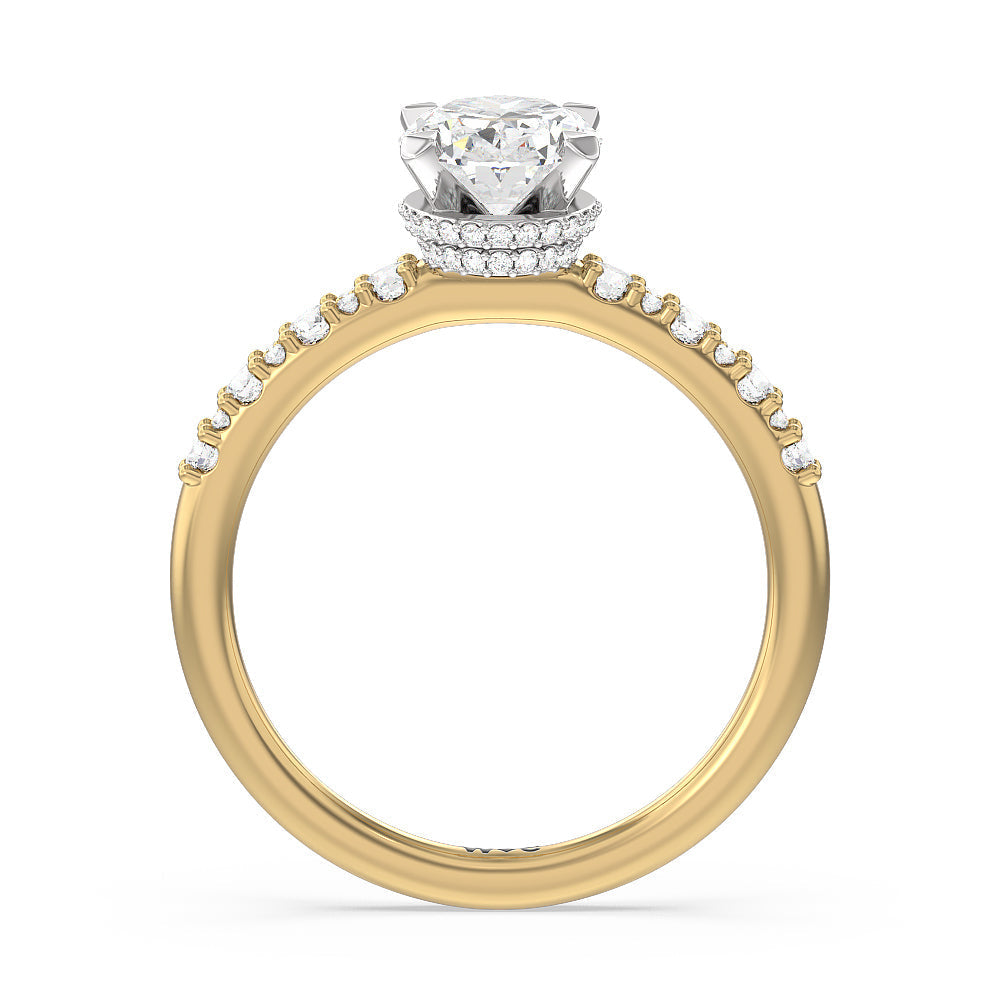 Modern Pave Diamond Hidden Halo Ring with Oval Cut Diamond in 14KT White & Yellow Gold view 2
