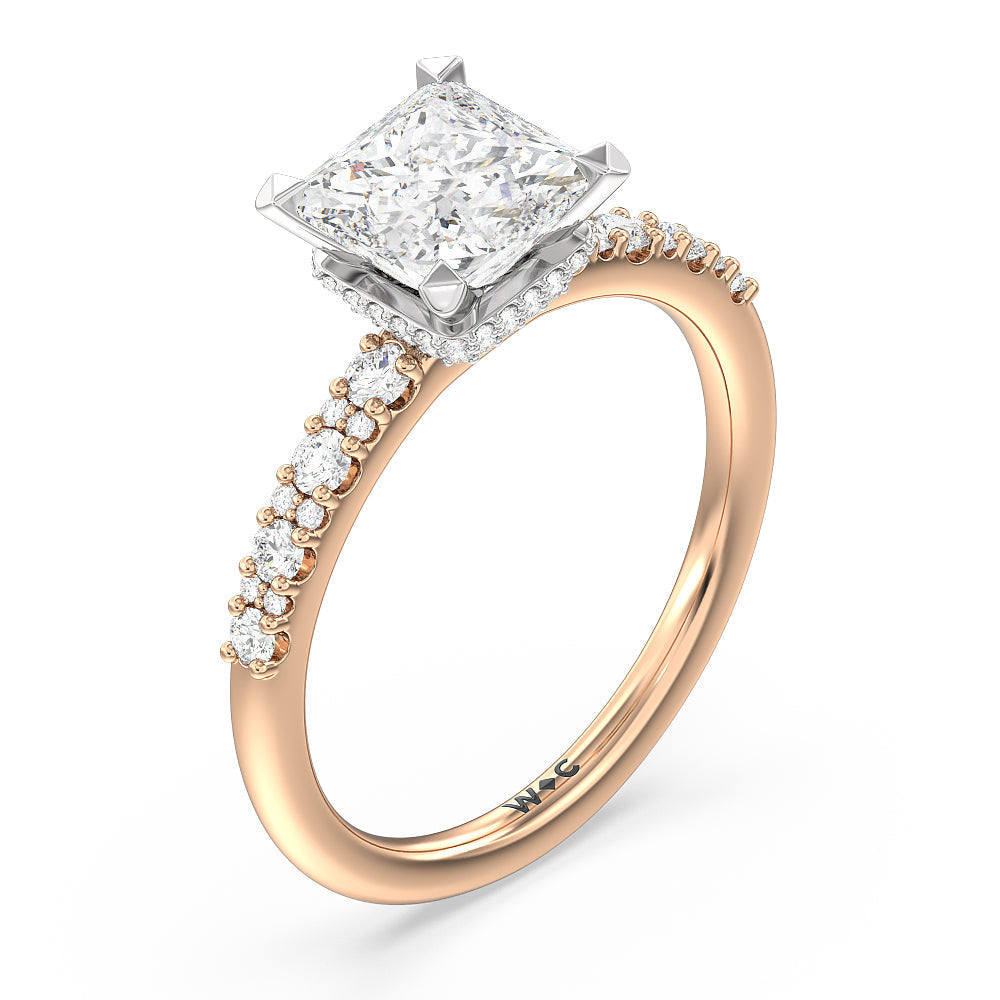 Modern Pave Diamond Hidden Halo Ring with Princess Cut Diamond in 14KT White & Rose Gold view 3
