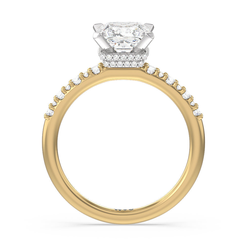Modern Pave Diamond Hidden Halo Ring with Princess Cut Diamond in 14KT White & Yellow Gold view 2
