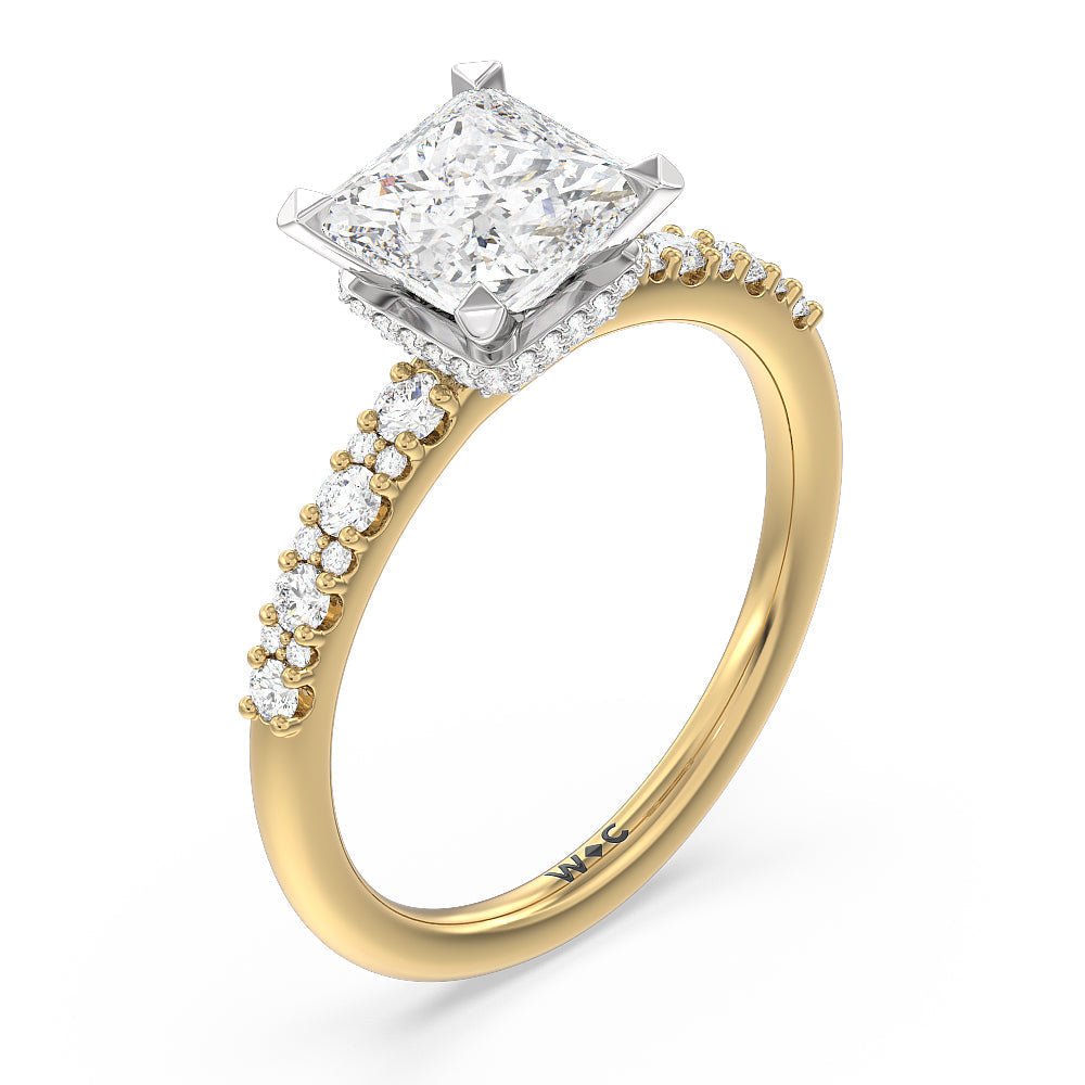 Modern Pave Diamond Hidden Halo Ring with Princess Cut Diamond in 14KT White & Yellow Gold view 3
