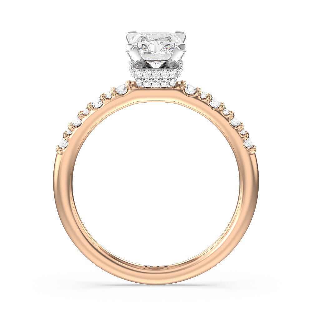 Modern Pave Diamond Hidden Halo Ring with Radiant Cut Diamond in 14KT White & Rose Gold view 2
