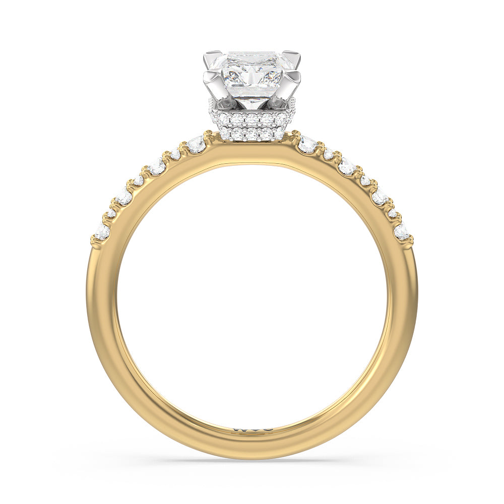 Modern Pave Diamond Hidden Halo Ring with Radiant Cut Diamond in 14KT White & Yellow Gold view 2
