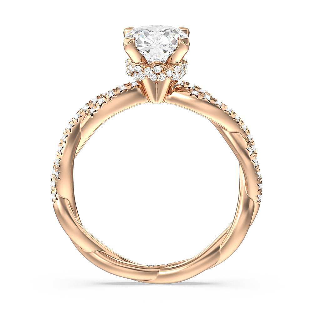Twisted Vine Hidden Halo Engagement Ring with Cushion Cut Diamond in 14KT Rose Gold view 2
