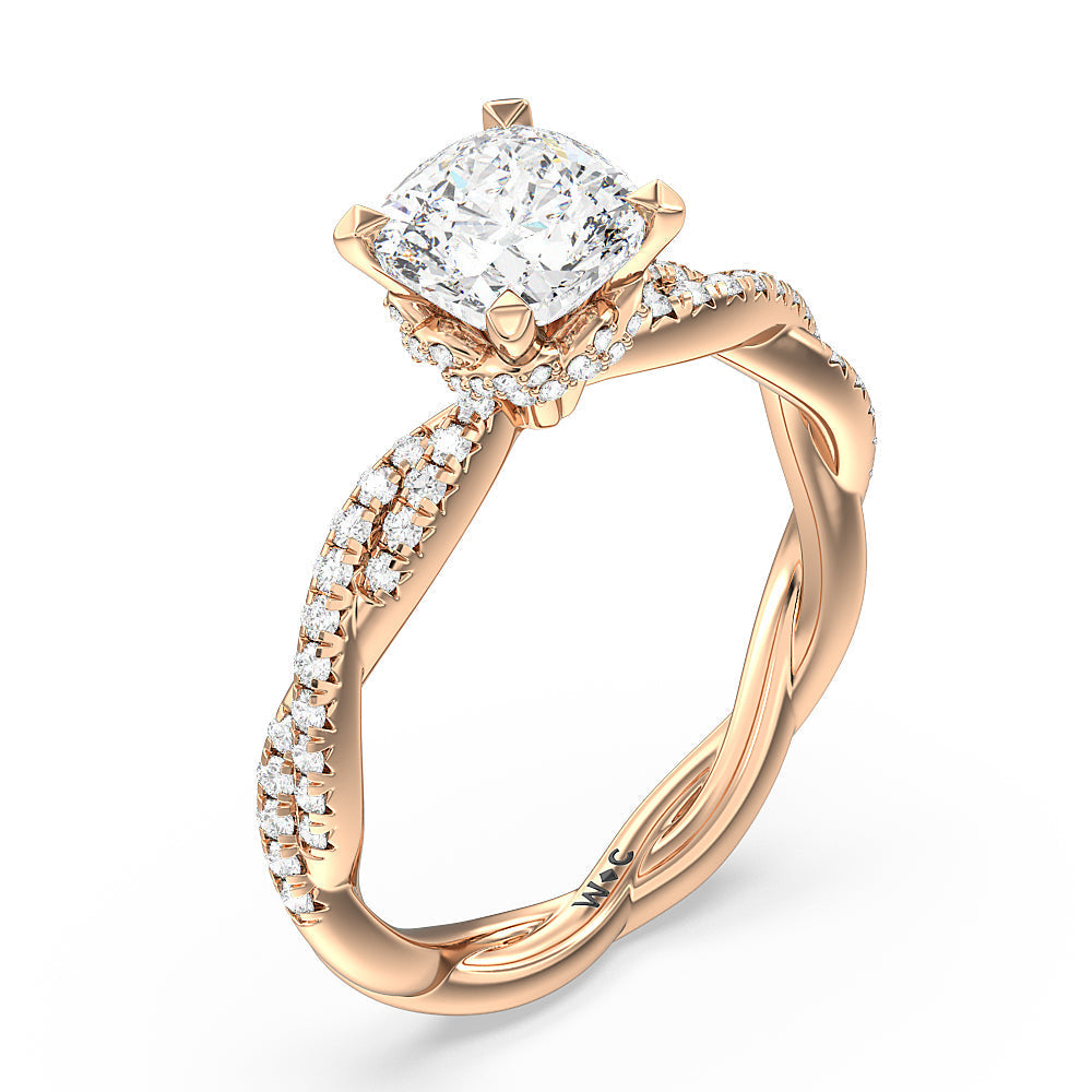 Twisted Vine Hidden Halo Engagement Ring with Cushion Cut Diamond in 14KT Rose Gold view 3

