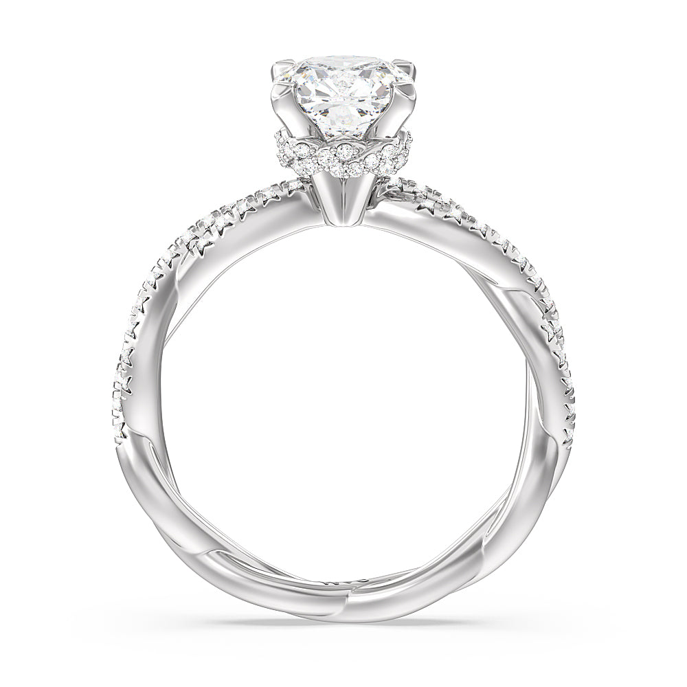 Twisted Vine Hidden Halo Engagement Ring with Cushion Cut Diamond in 14KT Platinum view 2
