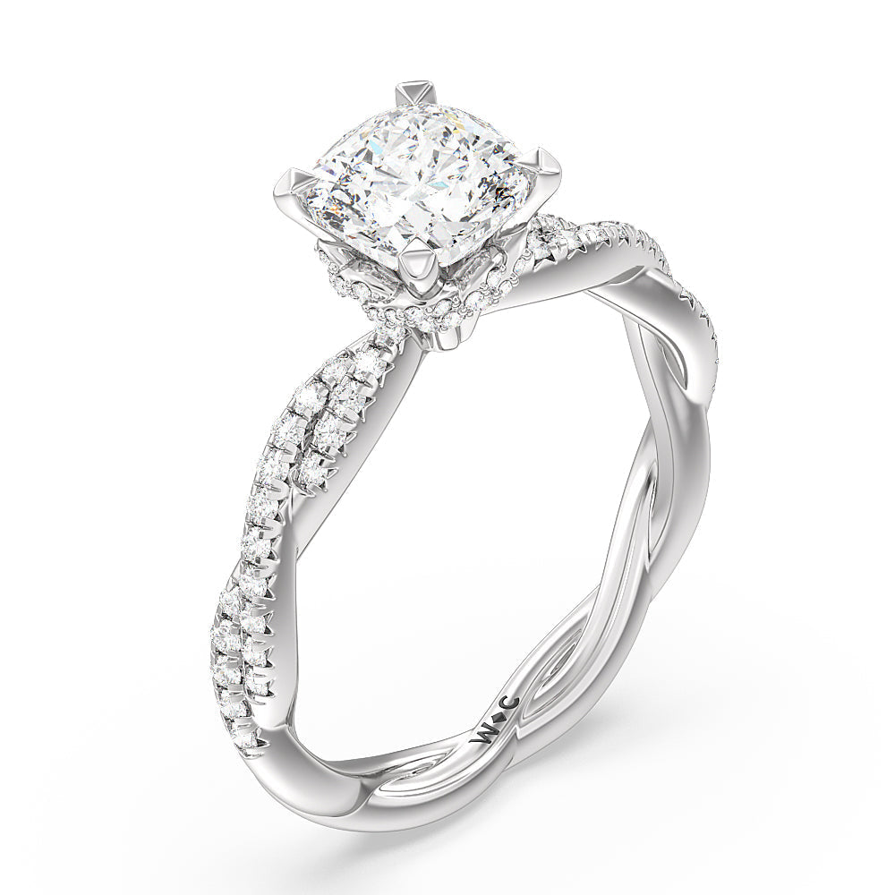 Twisted Vine Hidden Halo Engagement Ring with Cushion Cut Diamond in 14KT Platinum view 3
