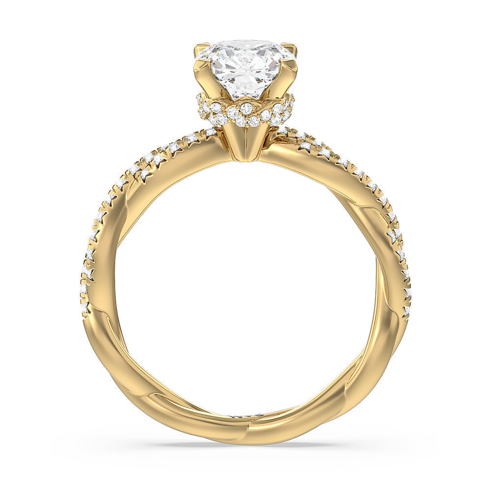 Twisted Vine Hidden Halo Engagement Ring with Cushion Cut Diamond in 14KT Yellow Gold view 2
