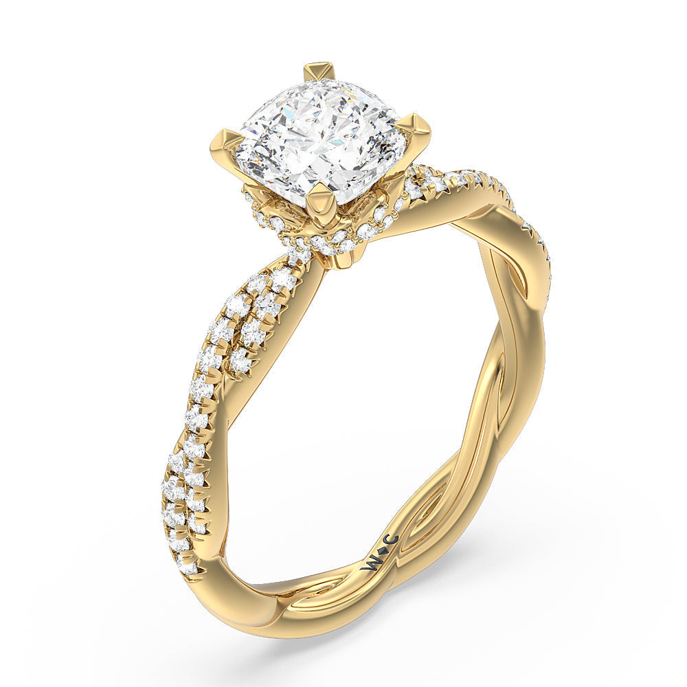 Twisted Vine Hidden Halo Engagement Ring with Cushion Cut Diamond in 14KT Yellow Gold view 3
