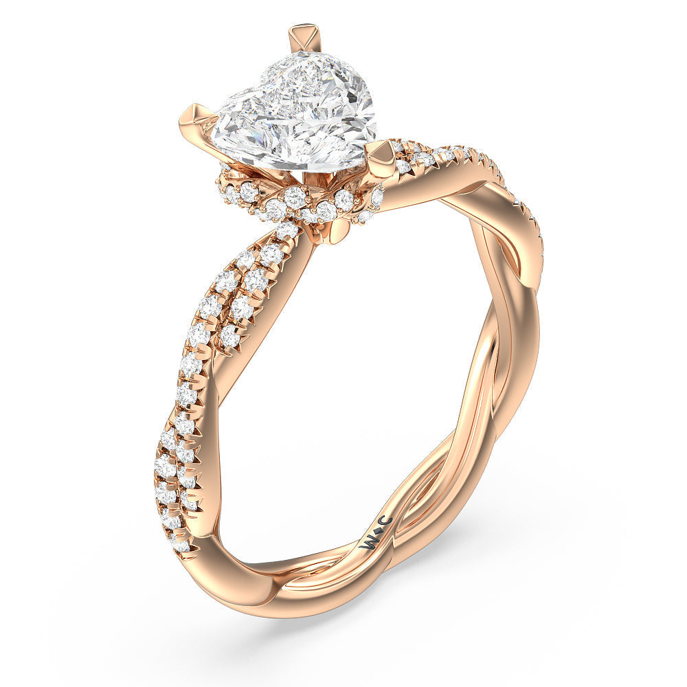 Twisted Vine Hidden Halo Engagement Ring with Heart Cut Diamond in 14KT Rose Gold view 3
