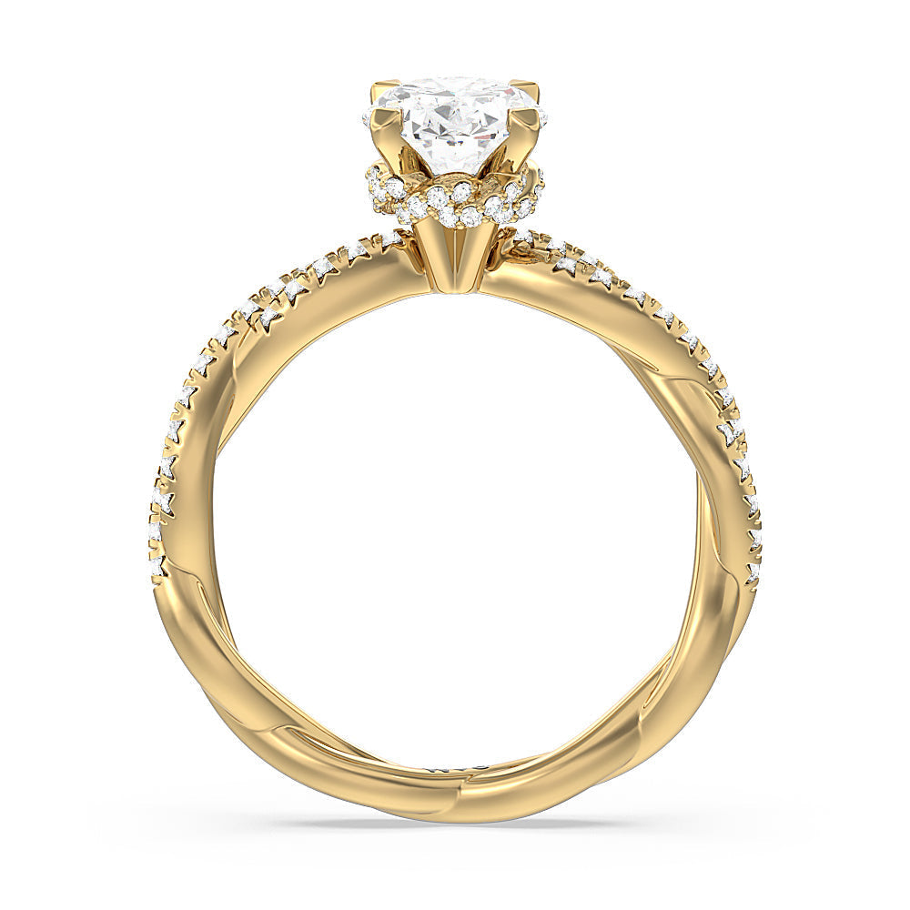 Twisted Vine Hidden Halo Engagement Ring with Oval Cut Diamond in 14KT Yellow Gold view 2

