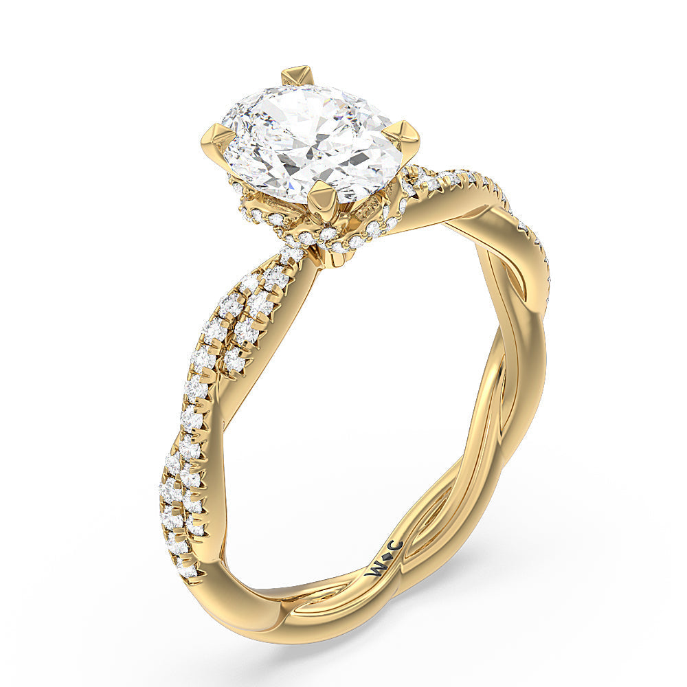 Twisted Vine Hidden Halo Engagement Ring with Oval Cut Diamond in 14KT Yellow Gold view 3
