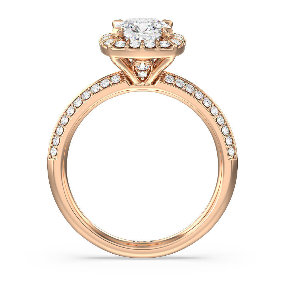 Pave Knife Edge Halo Engagement Ring with Cushion Cut Diamond in 14KT Rose Gold view 2
