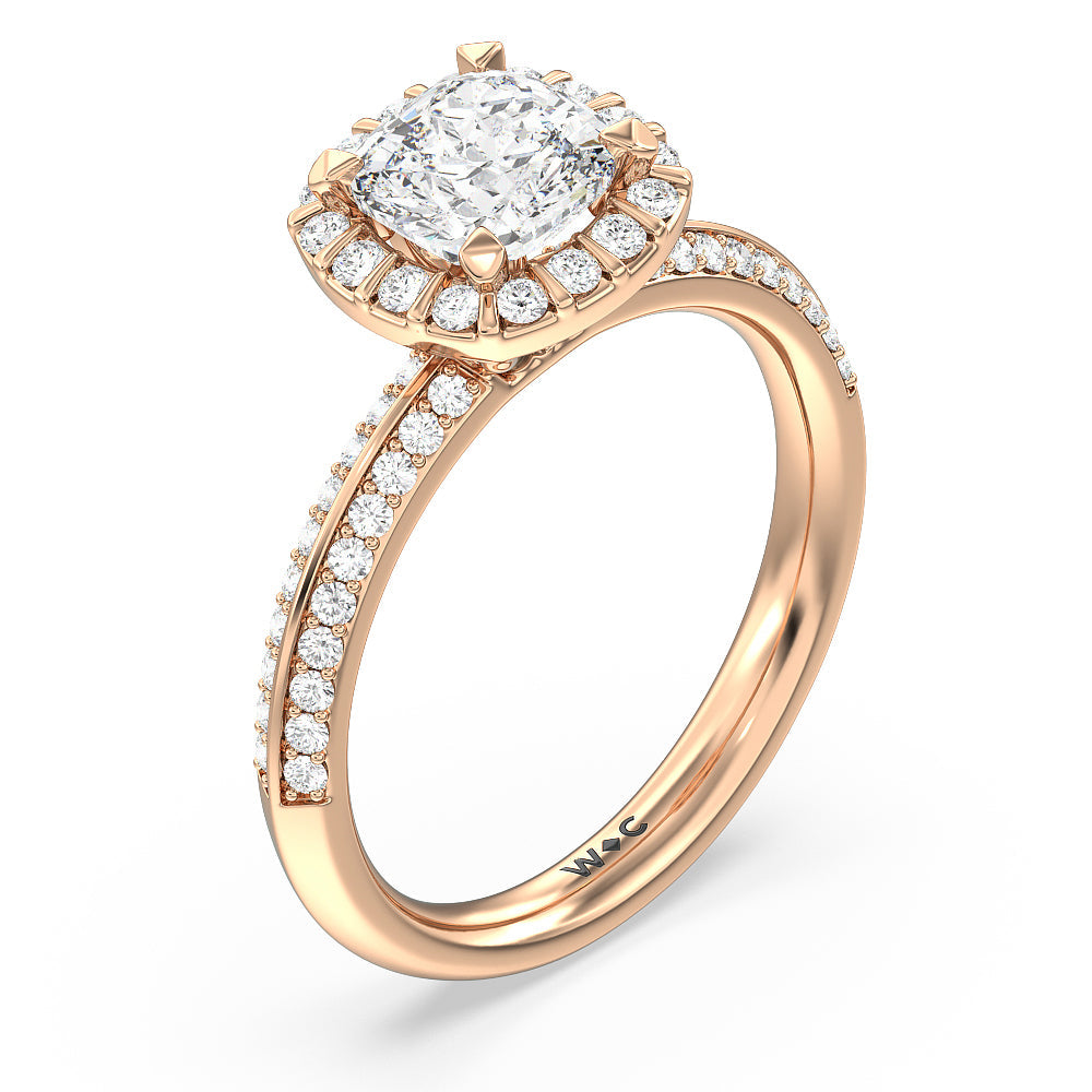 Pave Knife Edge Halo Engagement Ring with Cushion Cut Diamond in 14KT Rose Gold view 3
