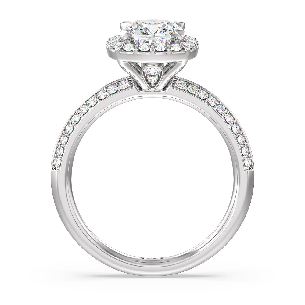 Pave Knife Edge Halo Engagement Ring with Cushion Cut Diamond in 14KT Platinum view 2
