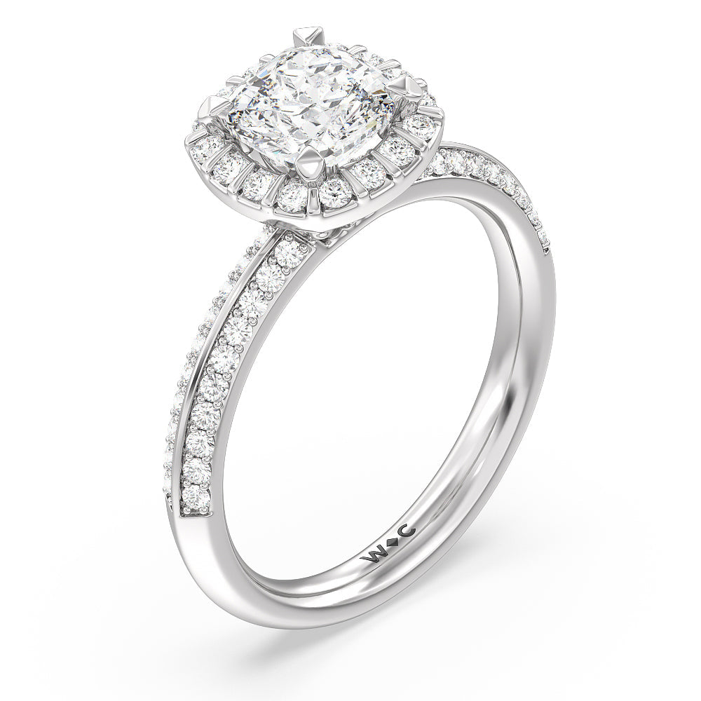 Pave Knife Edge Halo Engagement Ring with Cushion Cut Diamond in 14KT Platinum view 3
