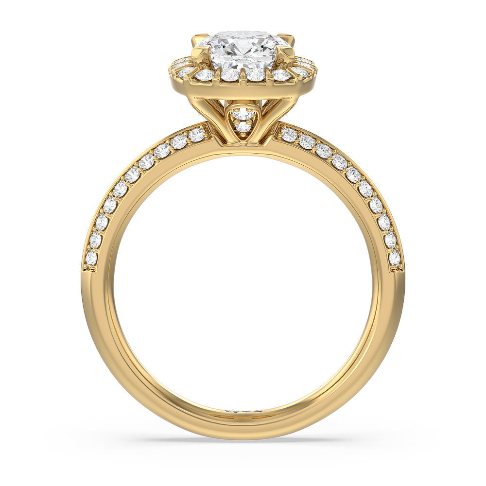 Pave Knife Edge Halo Engagement Ring with Cushion Cut Diamond in 14KT Yellow Gold view 2
