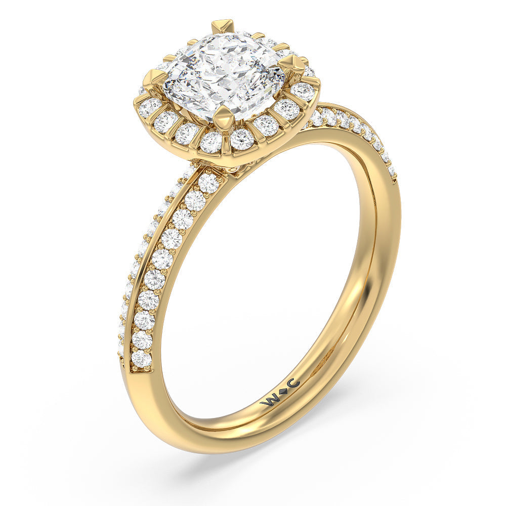 Pave Knife Edge Halo Engagement Ring with Cushion Cut Diamond in 14KT Yellow Gold view 3

