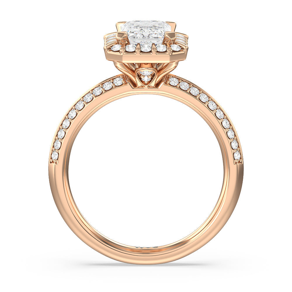 Pave Knife Edge Halo Engagement Ring with Emerald Cut Diamond in 14KT Rose Gold view 2
