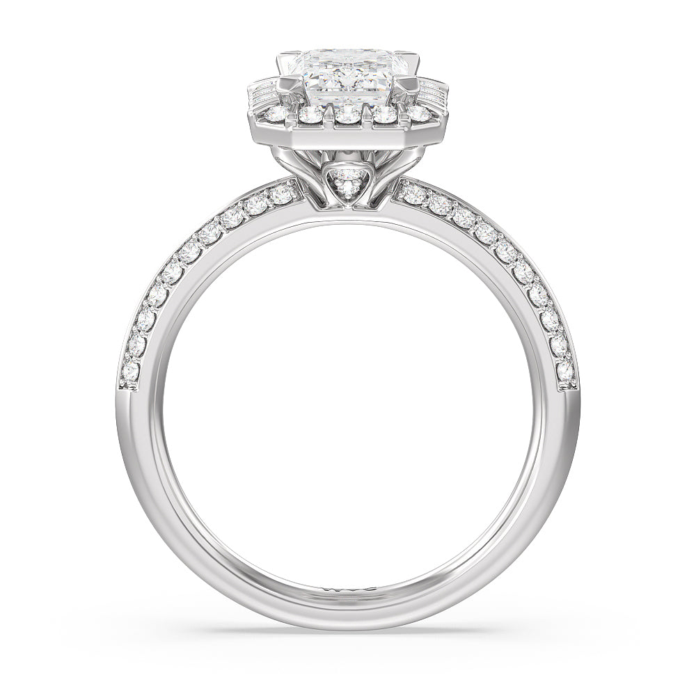 Pave Knife Edge Halo Engagement Ring with Emerald Cut Diamond in 14KT Platinum view 2
