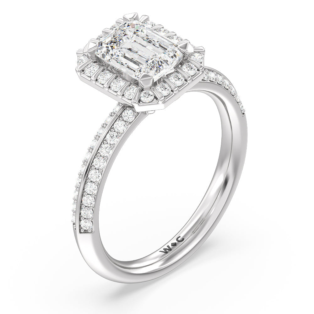 Pave Knife Edge Halo Engagement Ring with Emerald Cut Diamond in 14KT Platinum view 3
