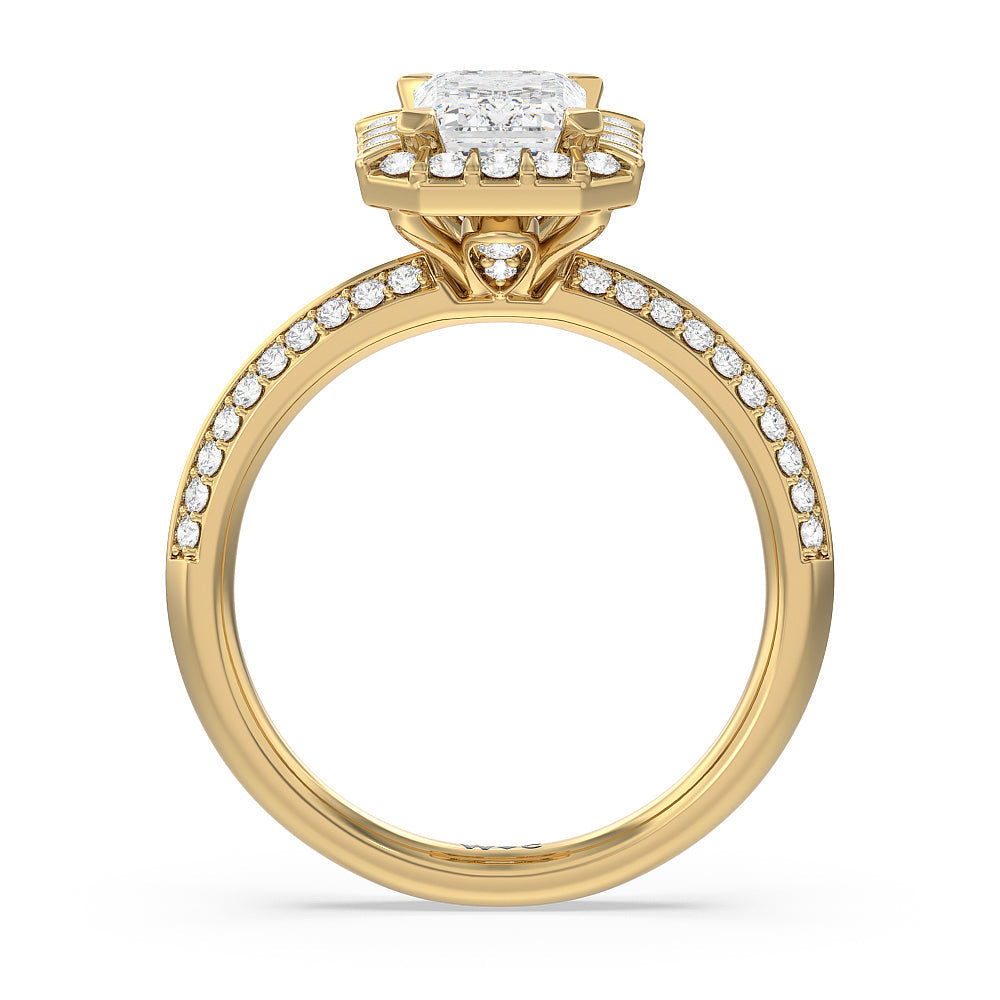 Pave Knife Edge Halo Engagement Ring with Emerald Cut Diamond in 14KT Yellow Gold view 2
