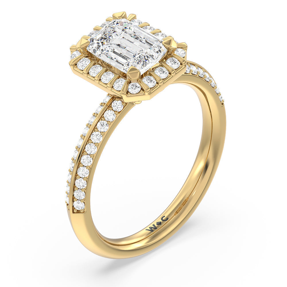 Pave Knife Edge Halo Engagement Ring with Emerald Cut Diamond in 14KT Yellow Gold view 3
