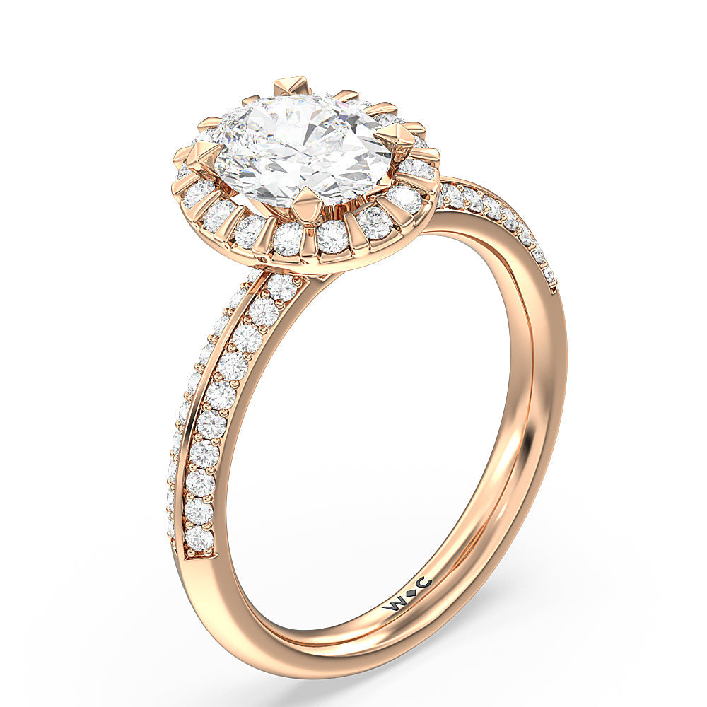 Pave Knife Edge Halo Engagement Ring with Oval Cut Diamond in 14KT Rose Gold view 3
