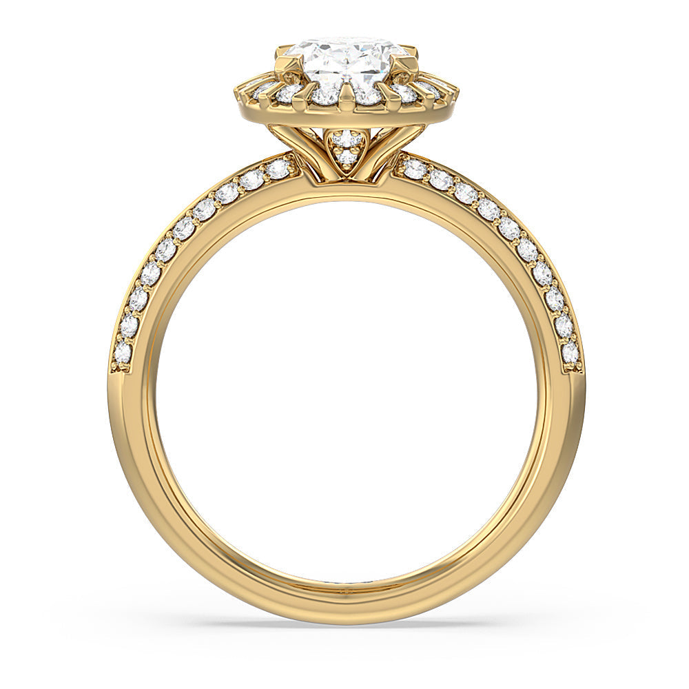 Pave Knife Edge Halo Engagement Ring with Oval Cut Diamond in 14KT Yellow Gold view 2
