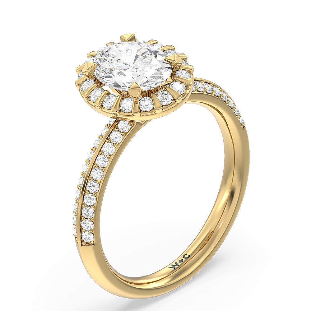 Pave Knife Edge Halo Engagement Ring with Oval Cut Diamond in 14KT Yellow Gold view 3

