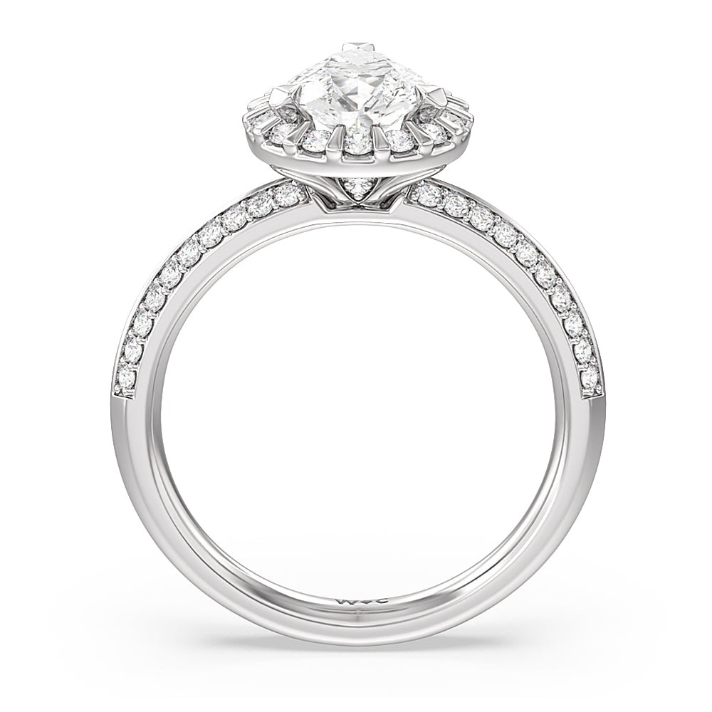 Pave Knife Edge Halo Engagement Ring with Pear Cut Diamond in 14KT Platinum view 2
