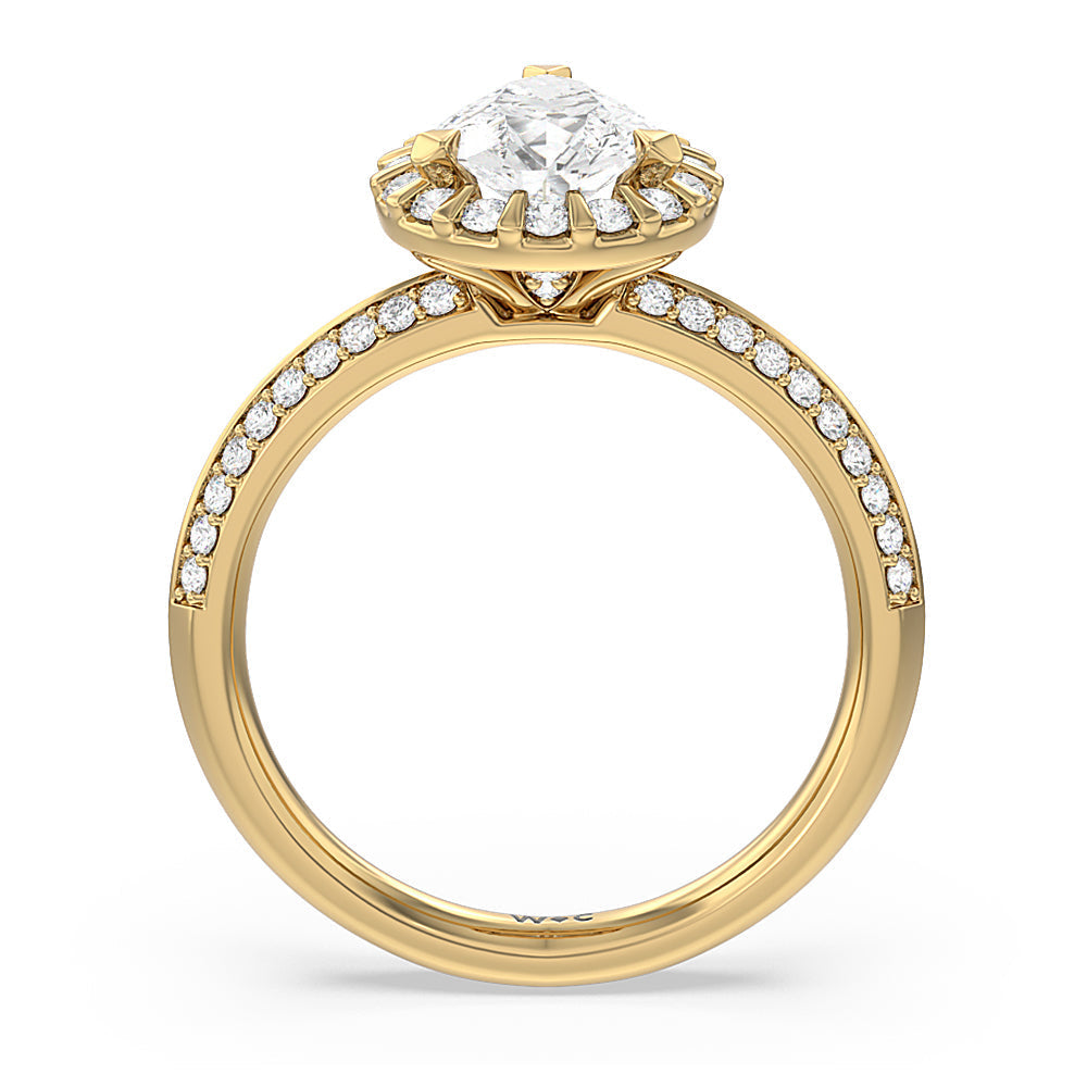 Pave Knife Edge Halo Engagement Ring with Pear Cut Diamond in 14KT Yellow Gold view 2
