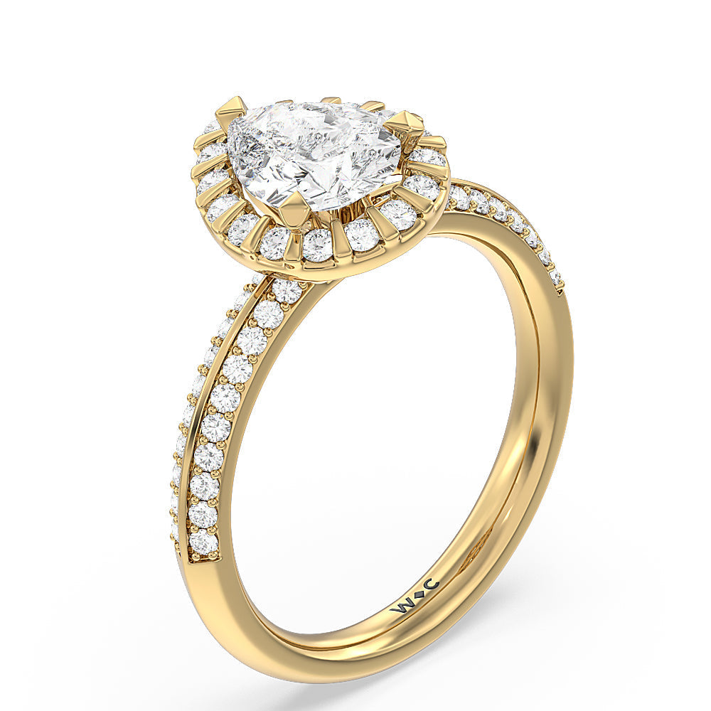 Pave Knife Edge Halo Engagement Ring with Pear Cut Diamond in 14KT Yellow Gold view 3
