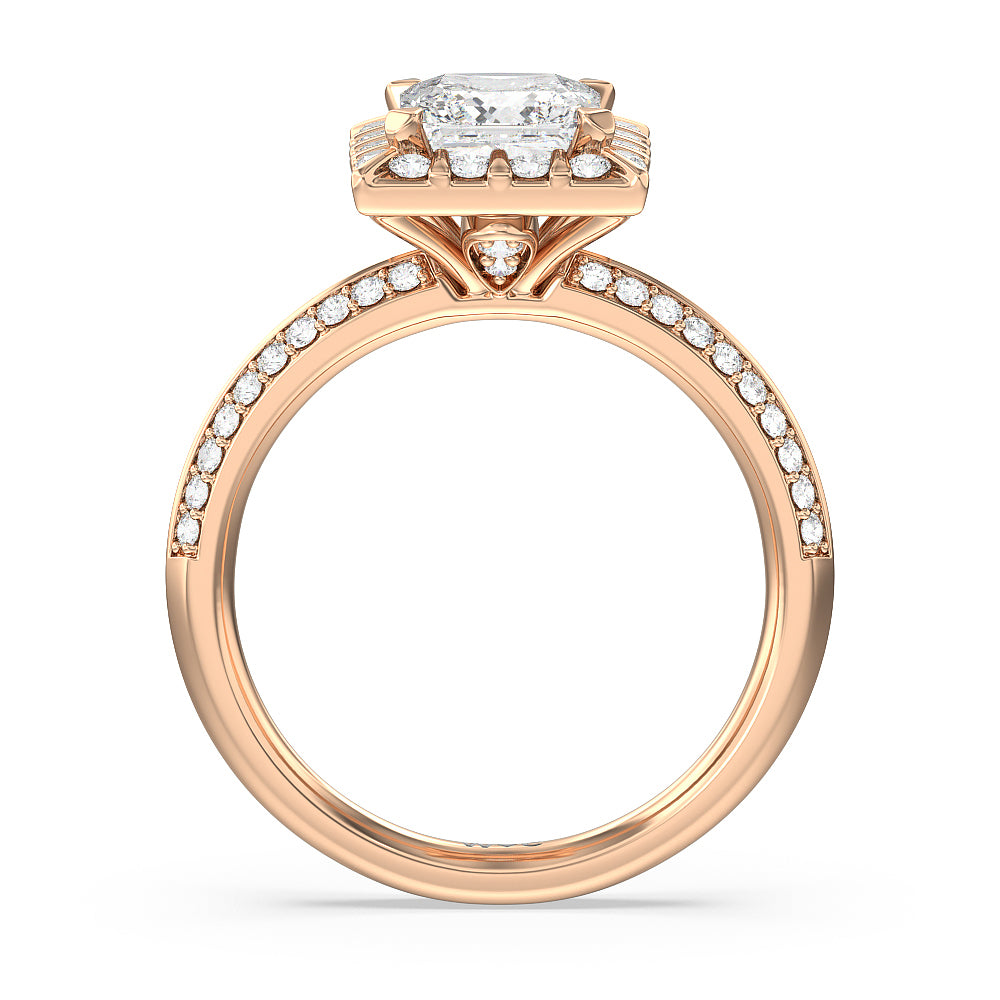 Pave Knife Edge Halo Engagement Ring with Princess Cut Diamond in 14KT Rose Gold view 2

