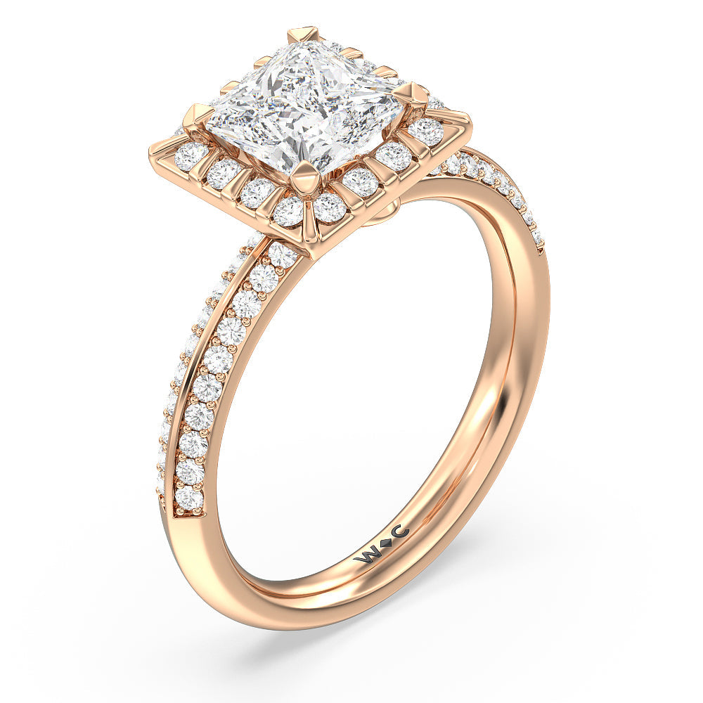Pave Knife Edge Halo Engagement Ring with Princess Cut Diamond in 14KT Rose Gold view 3
