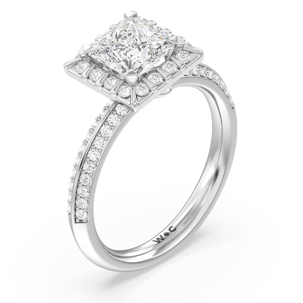 Pave Knife Edge Halo Engagement Ring with Princess Cut Diamond in 14KT Platinum view 3
