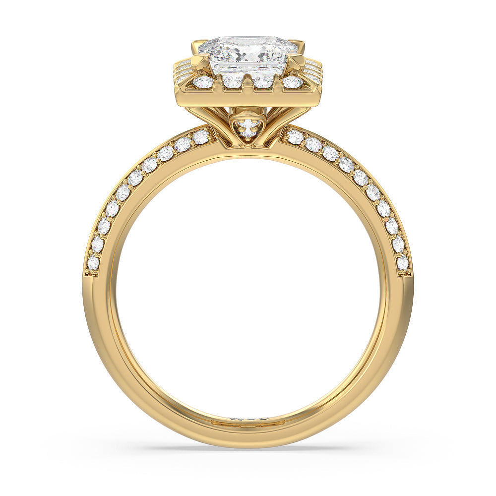 Pave Knife Edge Halo Engagement Ring with Princess Cut Diamond in 14KT Yellow Gold view 2
